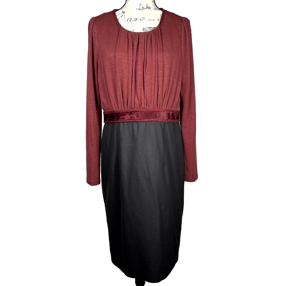 Nissa Sz 14 Burgundy & Black Colorblock Dress Long Sleeve Ruched Bust Round Neck